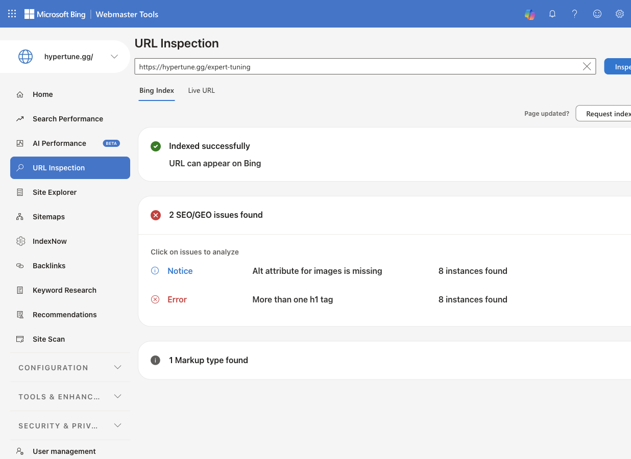 Bing, /expert-tuning: indexed; 8 H1 tags, 8 images without alt text