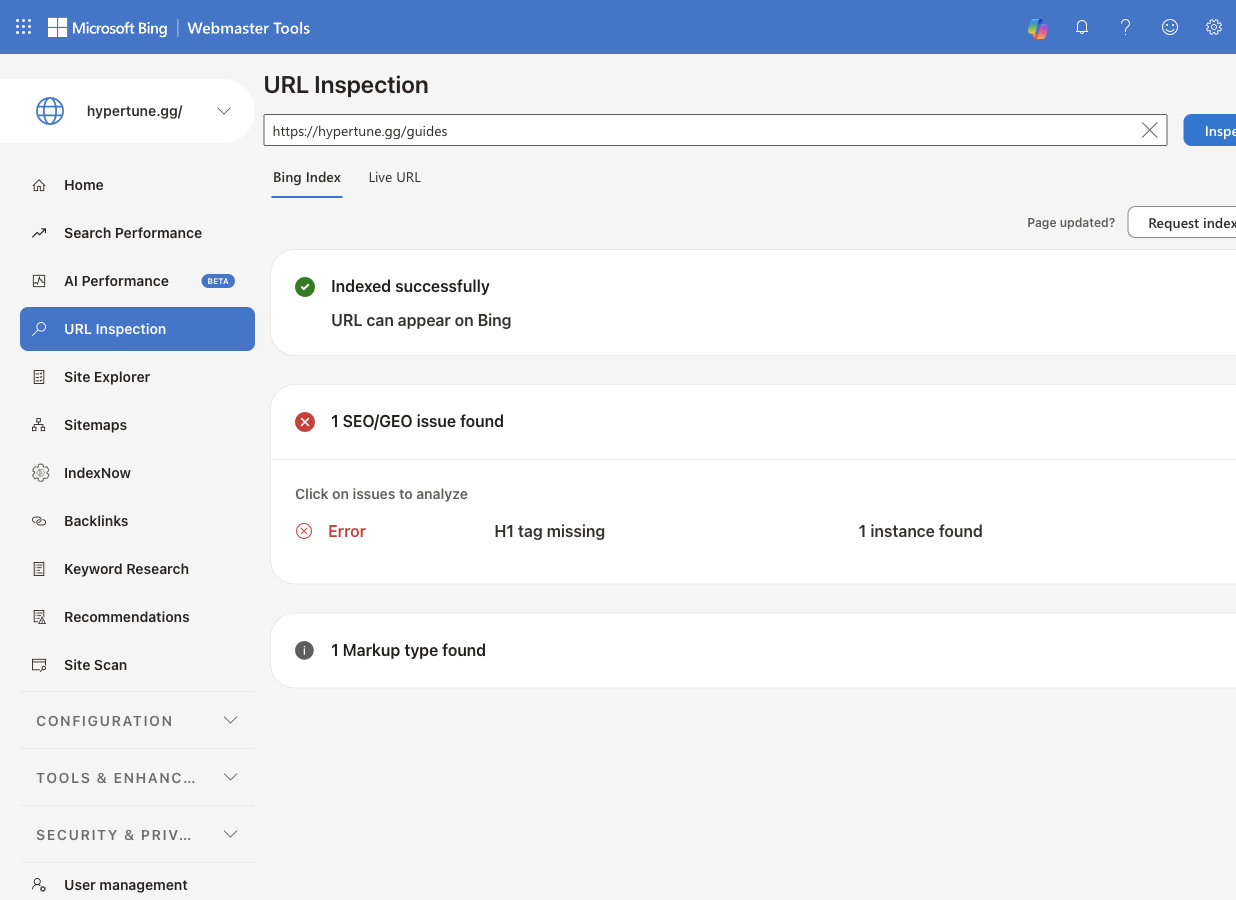 Bing, /guides: indexed; no H1